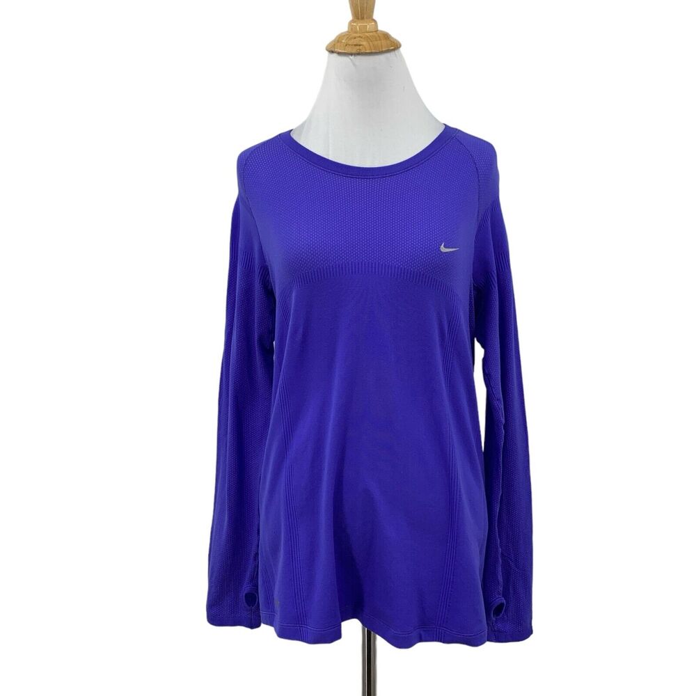 Nike Shirt Womens L Large Hyacinth Fit Dry Thumbholes Crew Neck Long Sleeve